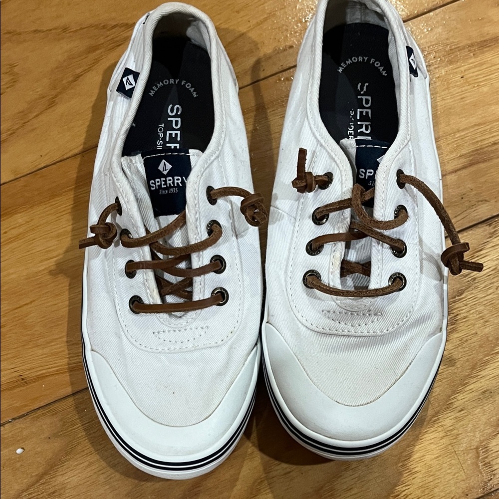 Sperry White Canvas Sneakers with Brown Laces
